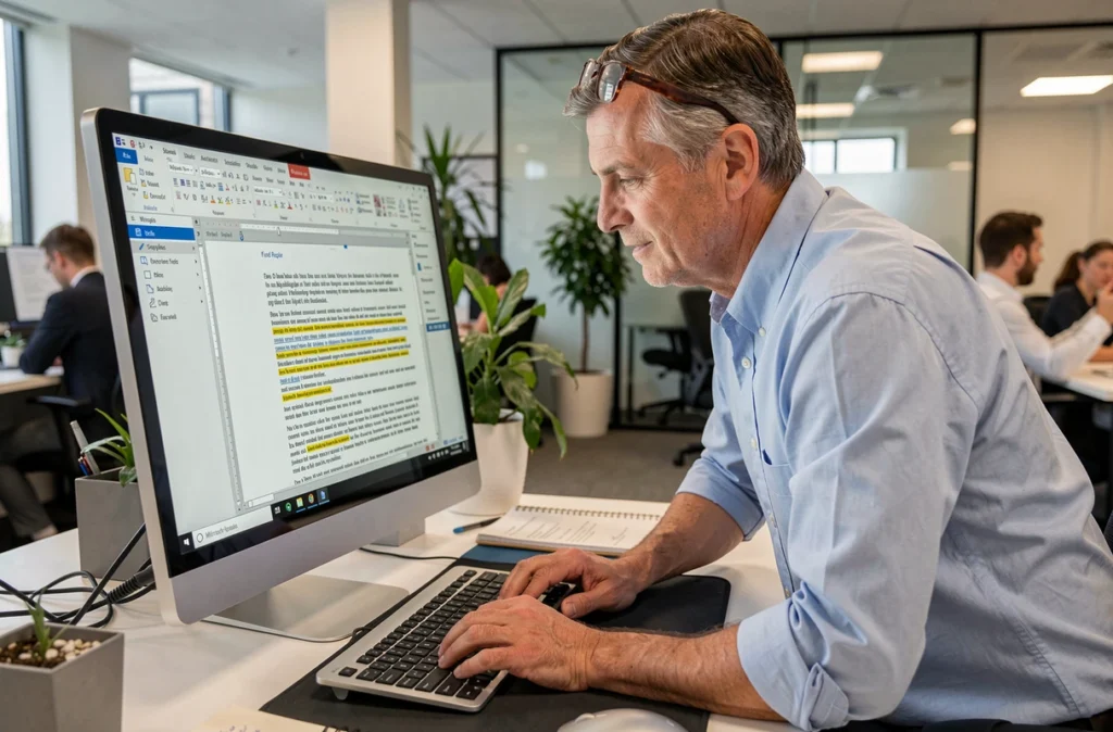 Homme en bureau open space consultant les options de recherche avancée dans un document Word sur écran large