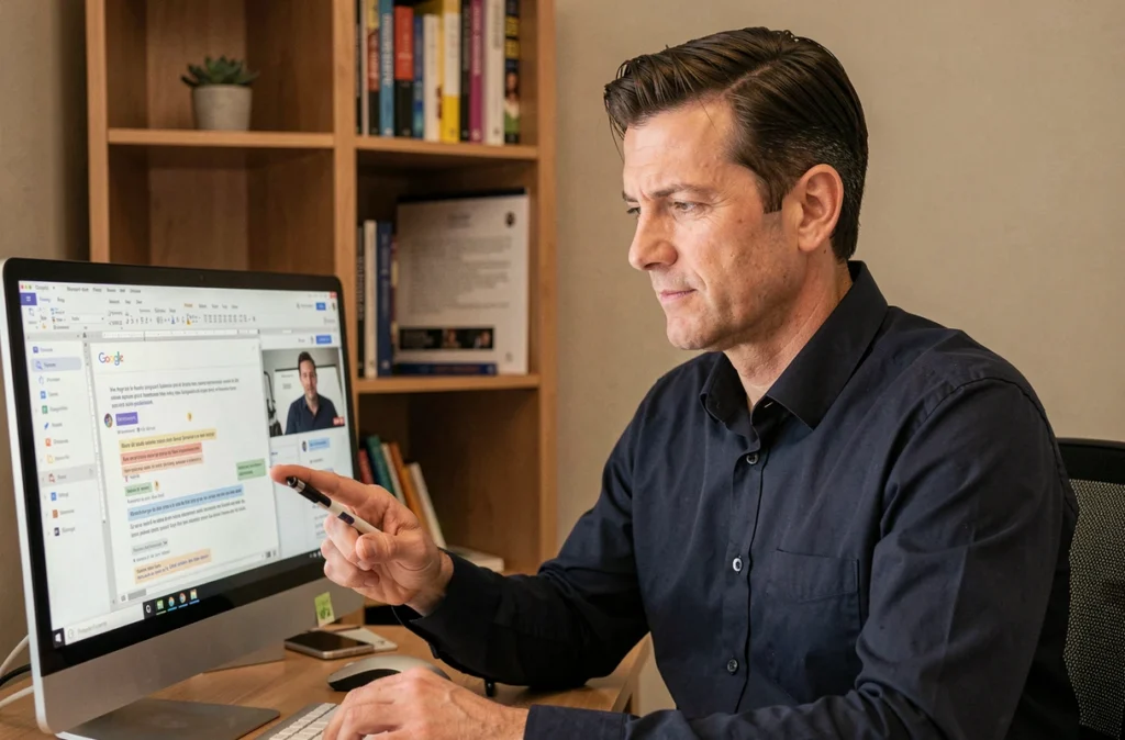 Homme en télétravail qui examine des commentaires collaboratifs dans Google Docs depuis son bureau à domicile