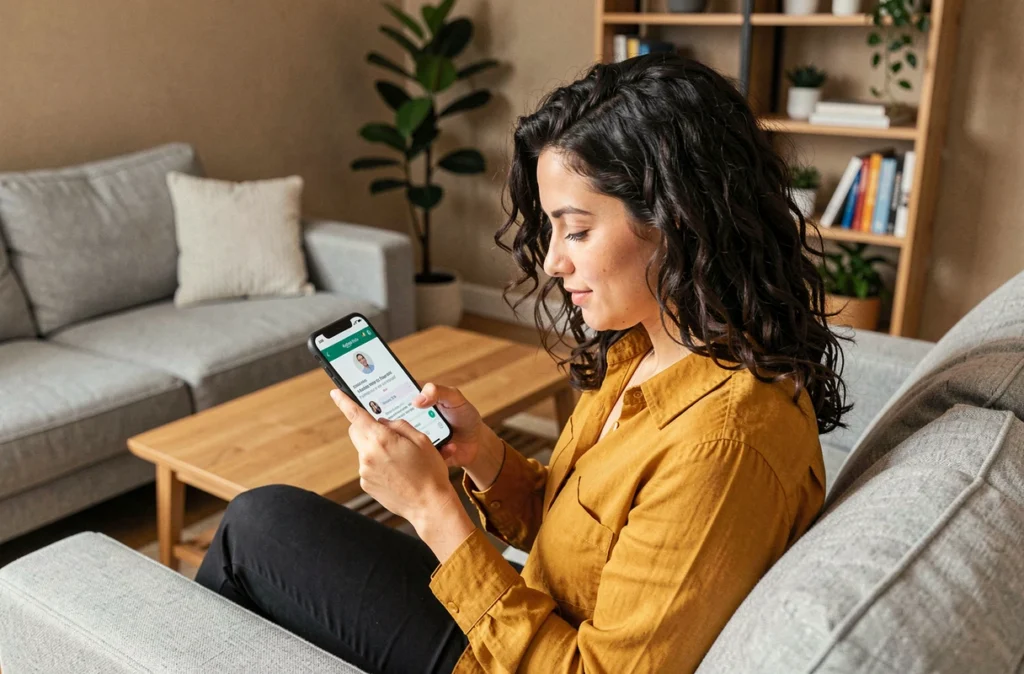 Jeune femme interagissant avec un chatbot de service client e-commerce sur son smartphone depuis son salon