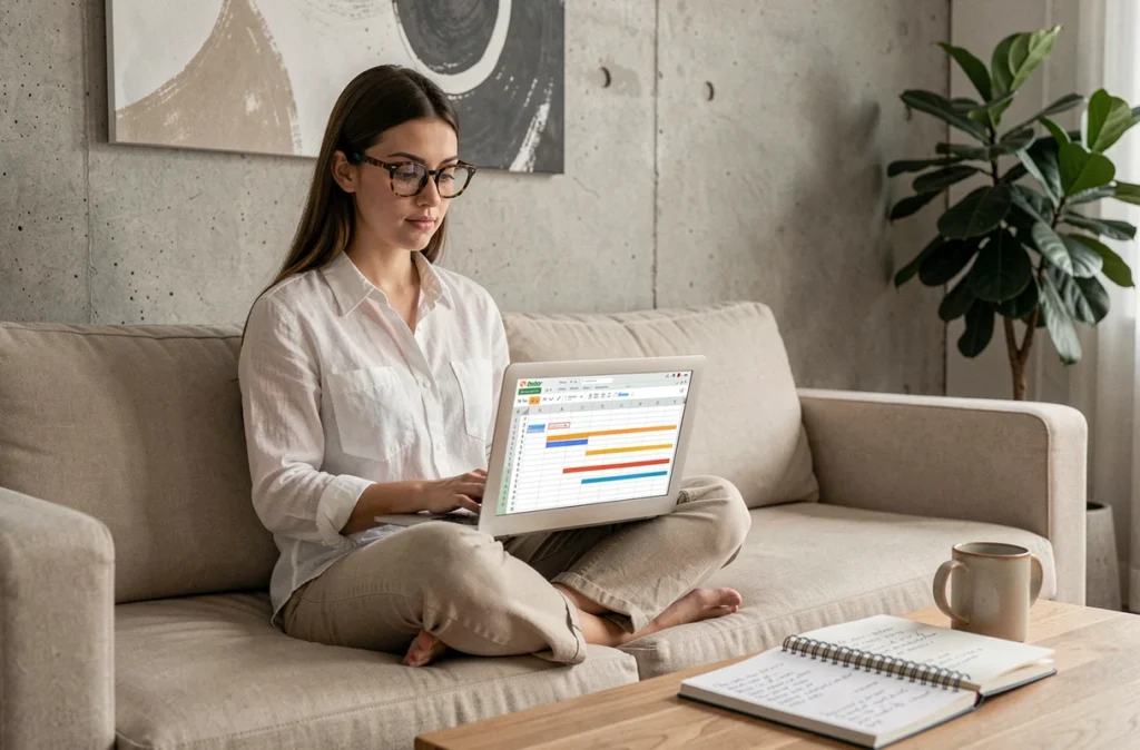 Jeune femme créant un tableau Excel dynamique pour le suivi de projets sur un canapé dans un salon moderne
