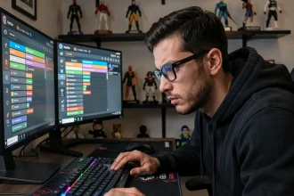Joueur hardcore concentré sur ses filtres de loot dans Path of Exile 2, configurant des overlays colorés sur double écran