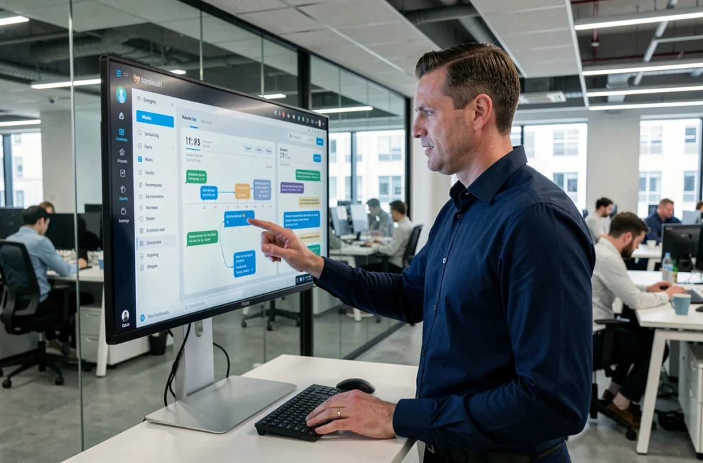 Manager analysant les performances d'un chatbot e-commerce sur un tableau de bord numérique en open space
