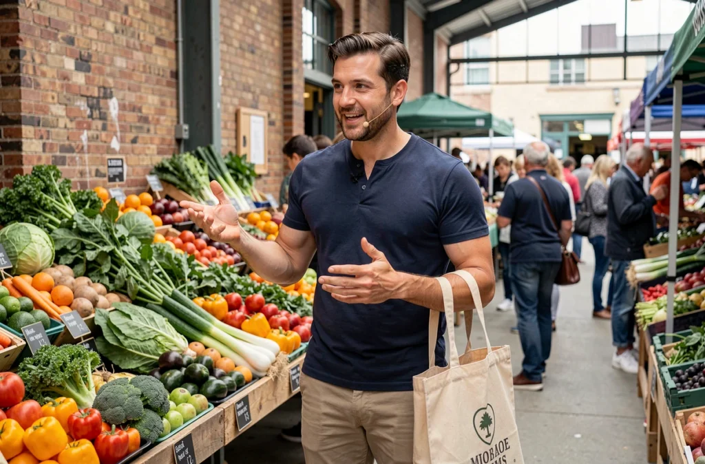 Micro-influenceur masculin filmant un contenu lifestyle authentique dans un marché urbain en plein air
