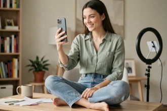Jeune femme micro-influenceuse filmant un contenu authentique avec son smartphone dans un bureau minimaliste à domicile