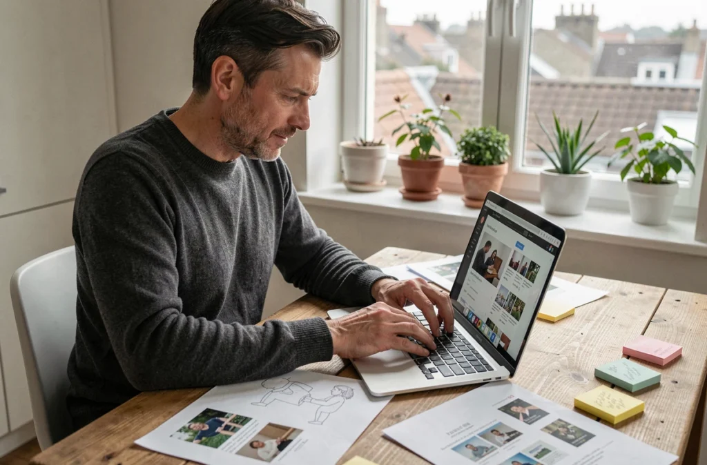 Homme travaillant sur la personnalisation de diapositives PowerPoint depuis son domicile avec des maquettes imprimées