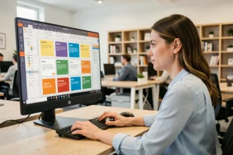 Femme personnalisant la mise en page d'une présentation PowerPoint sur un grand écran dans un bureau moderne