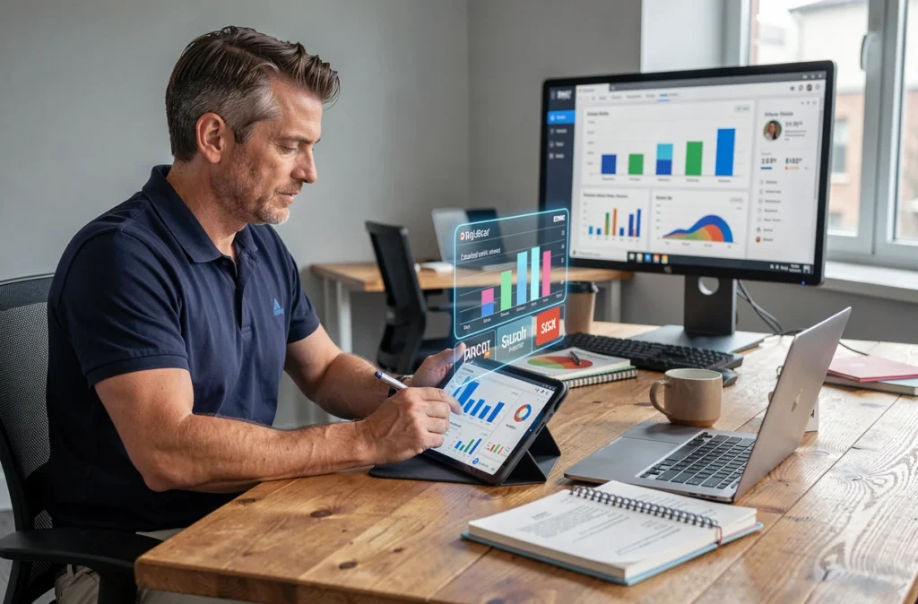 Professionnel masculin analysant un tableau de bord de marketing en réalité augmentée sur tablette dans un espace de coworking