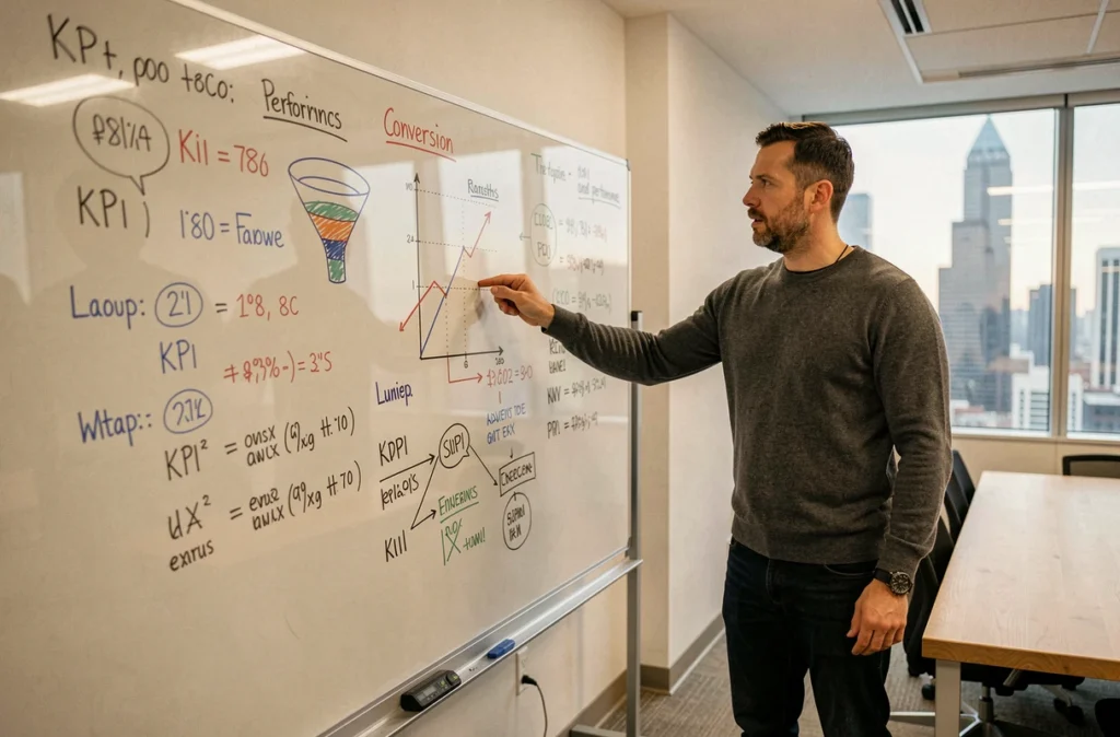 Responsable marketing debout devant un tableau blanc couvert de métriques publicitaires et de diagrammes de performance dans une salle de réunion startup