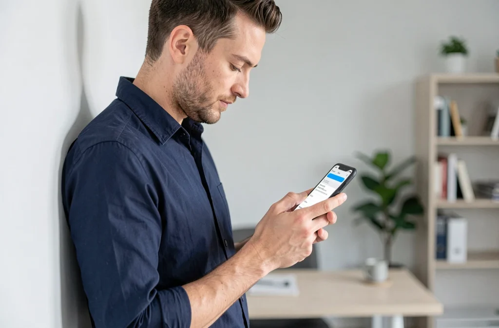 Homme utilisant Messenger sur iPhone pour créer un sondage depuis son bureau à domicile