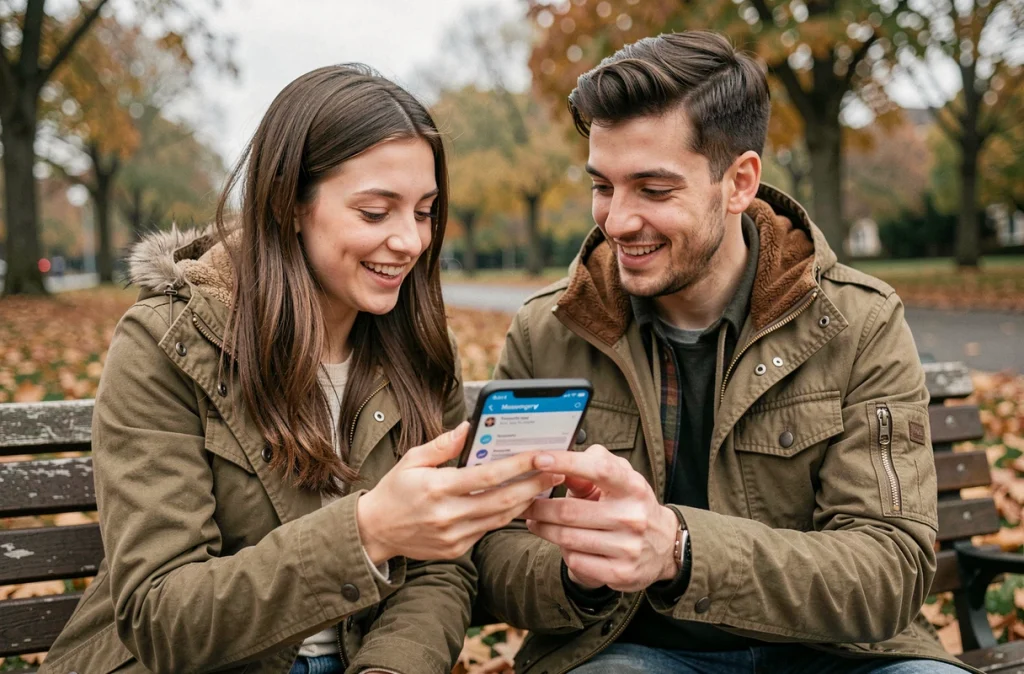 Deux amis consultant un sondage Messenger sur smartphone Android dans un parc en automne