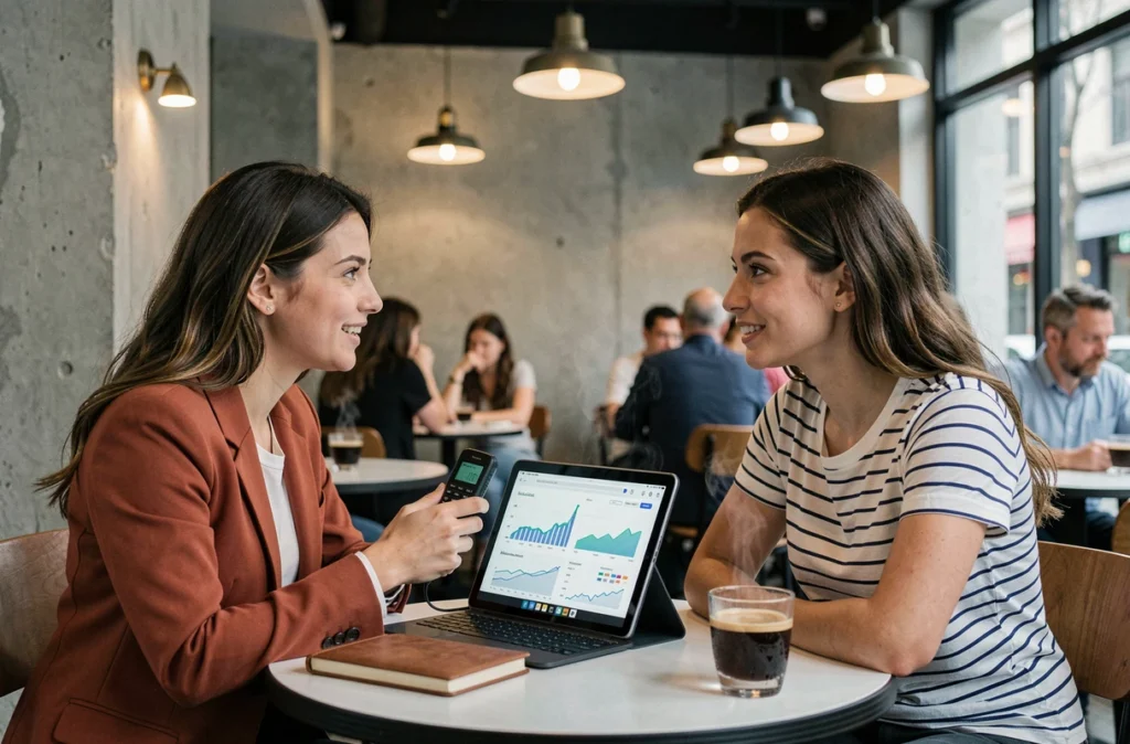 Deux professionnelles du marketing digital discutant de stratégie micro-influence autour d'un café avec des données analytiques sur tablette