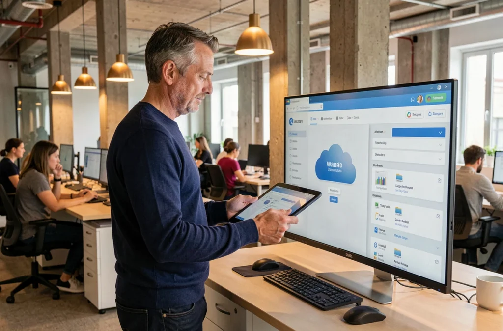 Homme en open space synchronisant des fichiers bureautiques entre un écran d'ordinateur et une tablette via le cloud