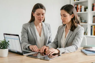 Femme synchronisant des documents bureautiques entre un ordinateur portable, une tablette et un smartphone sur un bureau en bois