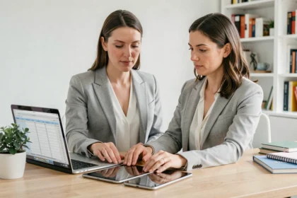 Femme synchronisant des documents bureautiques entre un ordinateur portable, une tablette et un smartphone sur un bureau en bois