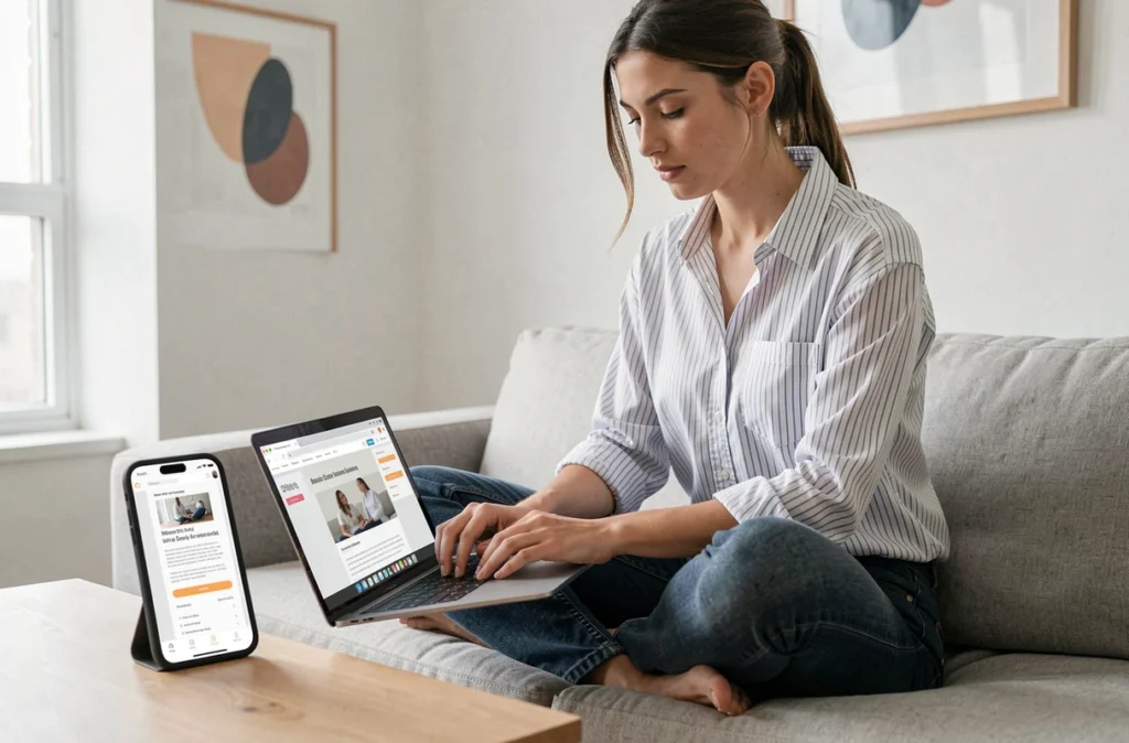 Jeune femme synchronisant une présentation bureautique entre un ordinateur portable et un smartphone depuis son salon