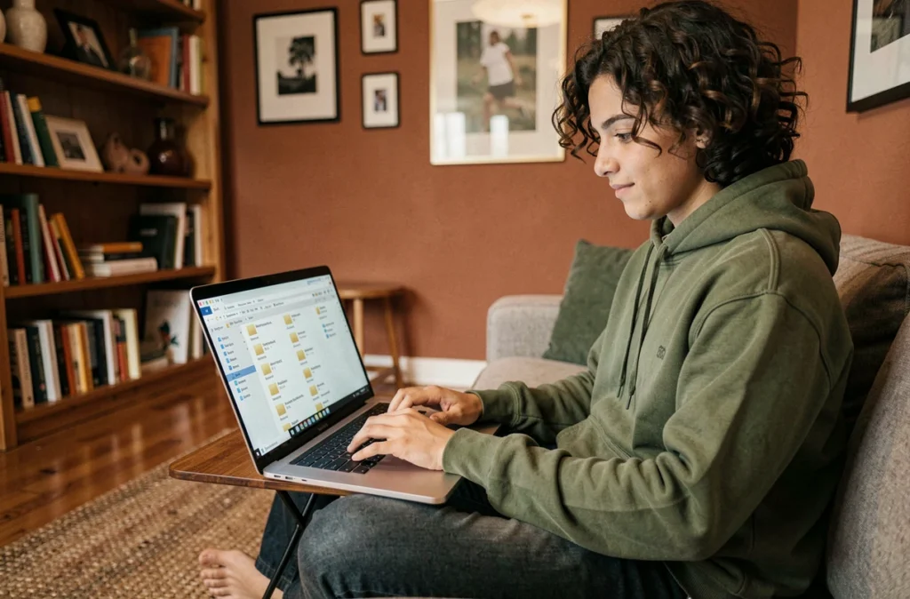 Jeune personne en télétravail organisant ses fichiers avec des raccourcis clavier sur laptop dans un espace cosy