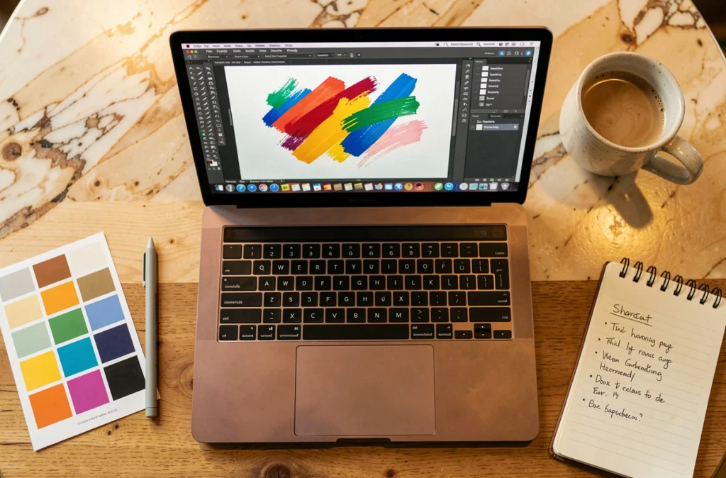 Vue aérienne d'un MacBook Pro avec application Paint ouverte entouré d'accessoires créatifs sur une table en bois