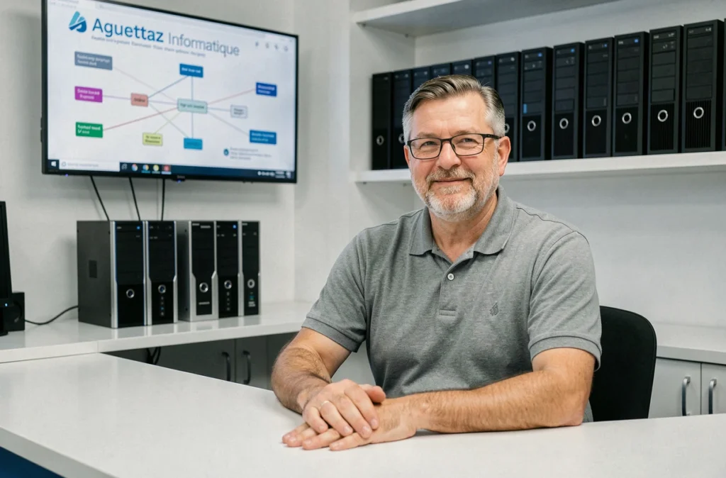 Technicien expert d'Aguettaz Informatique dans son espace de réception professionnel en Savoie