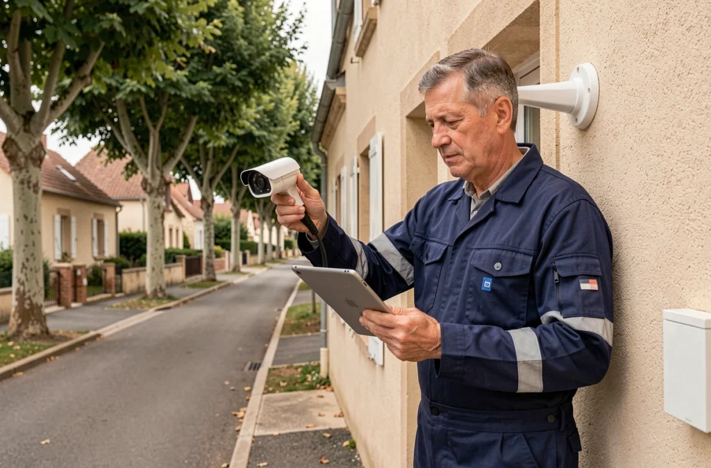 Électricien d'Aquitaine Electricité Service configurant une caméra IP extérieure sur une maison résidentielle en Aquitaine