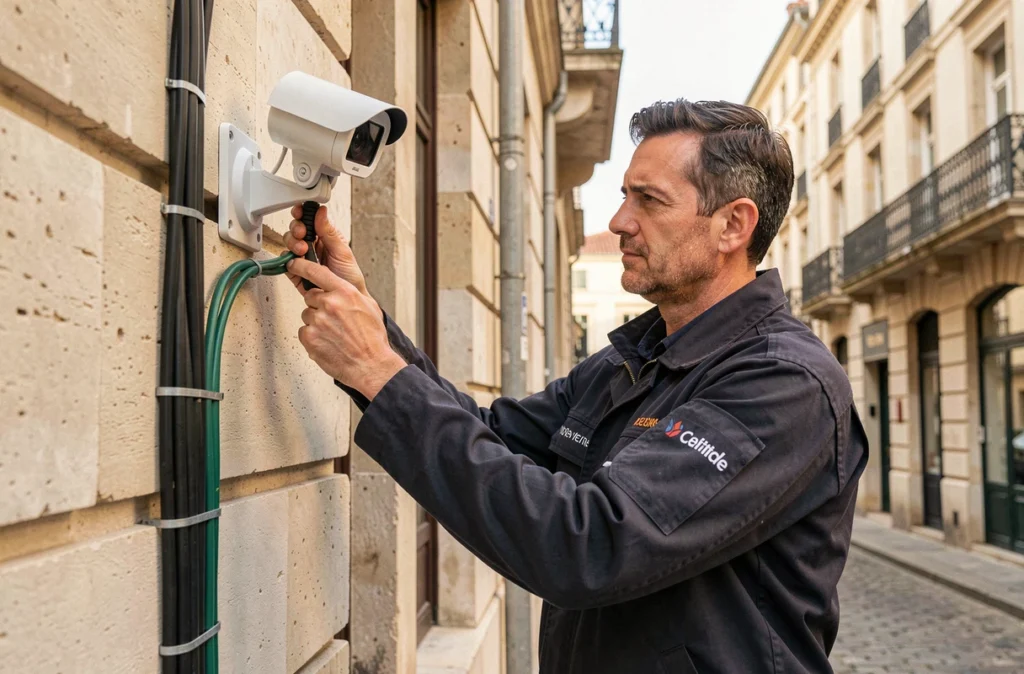 Technicien d'Aquitaine Technique 3S installant une caméra IP sur une façade en pierre à Bordeaux