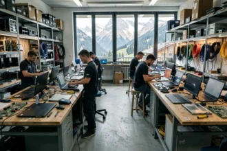 Vue panoramique d'un atelier de dépannage informatique en Savoie avec des techniciens travaillant sur des ordinateurs
