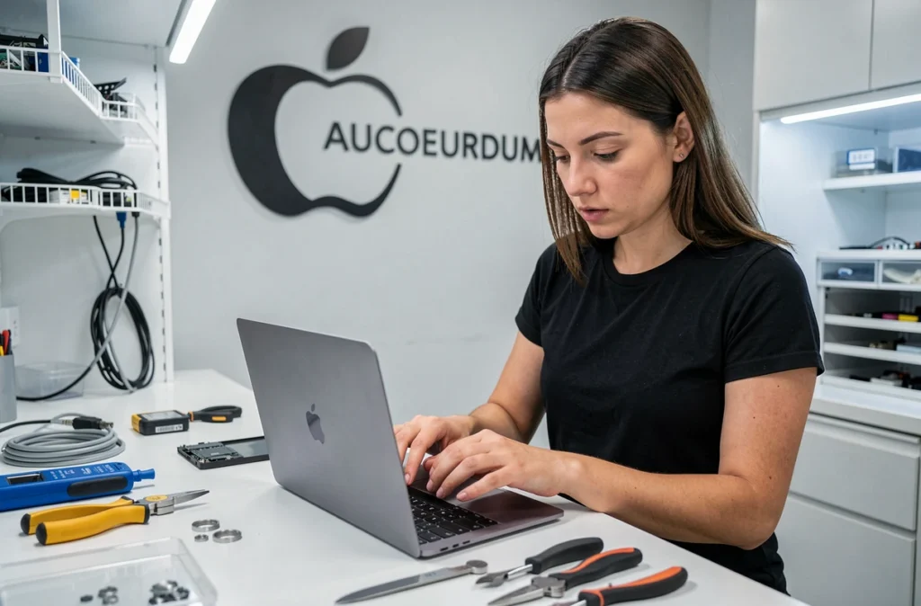 Technicienne spécialisée Mac d'AUCOEURDUMAC réparant un MacBook Pro dans un atelier Apple dédié