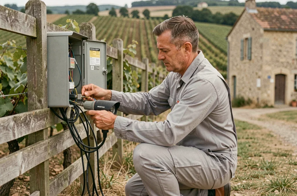 Électricien d'Automatismes Sud Gironde connectant un panneau de contrôle de sécurité en milieu rural