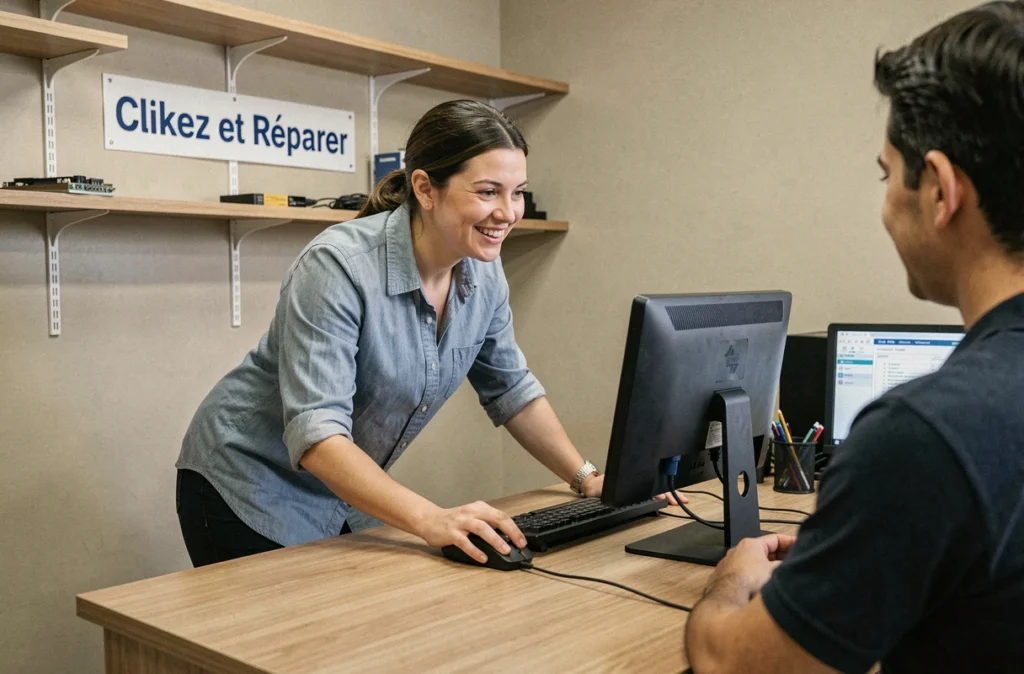 Technicienne de Cliquez & Réparer accueillant un client dans sa boutique de réparation informatique