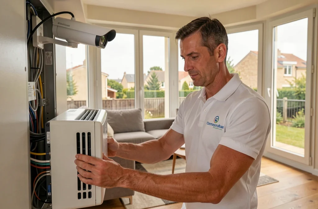 Technicien d'Elec Confort Clim réglant un système de climatisation et une caméra intérieure dans une maison moderne