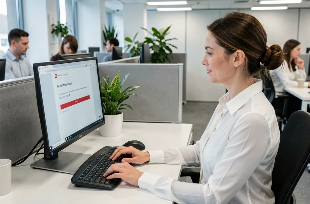 Femme en entreprise confrontée à un problème d'authentification sur une messagerie webmail professionnelle