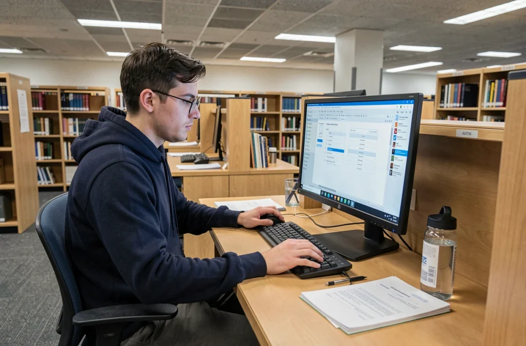 Étudiant utilisant l'espace numérique de travail ENT sur un ordinateur de bibliothèque universitaire pour accéder à ses services numériques