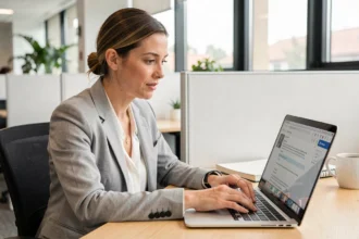 Femme connectée à son espace numérique de travail universitaire via webmail sur un ordinateur portable dans un bureau académique moderne