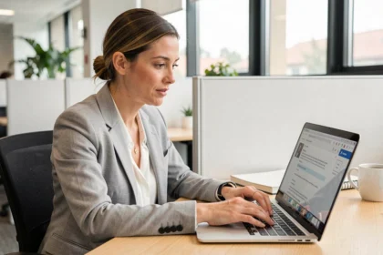 Femme connectée à son espace numérique de travail universitaire via webmail sur un ordinateur portable dans un bureau académique moderne