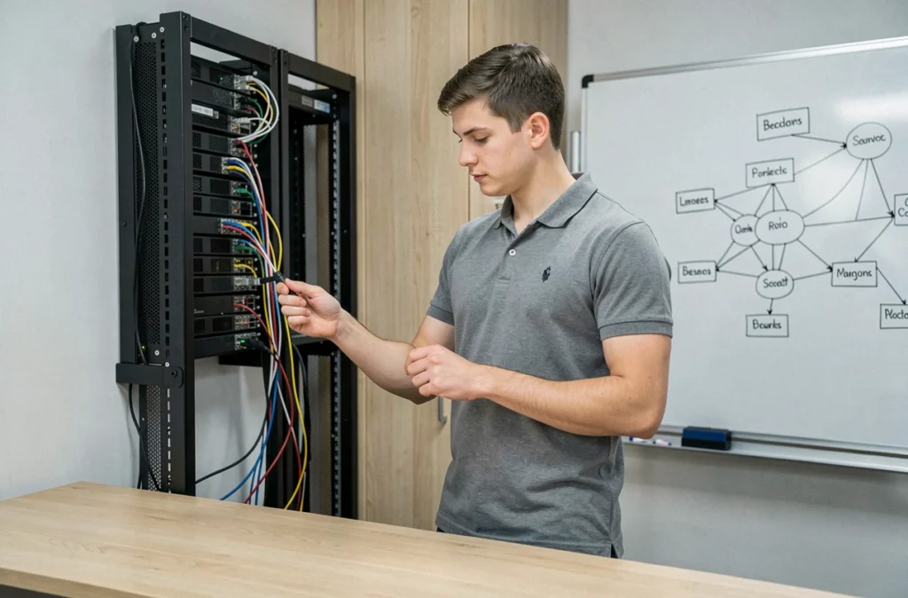 Technicien ISAE Informatique connectant un câble réseau dans un bureau informatique moderne et professionnel