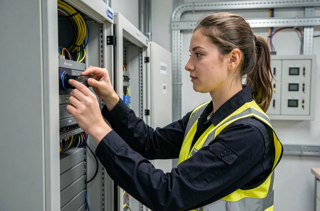 Technicienne de Mc2 Aquitaine Elec installant un enregistreur vidéo réseau dans une salle technique