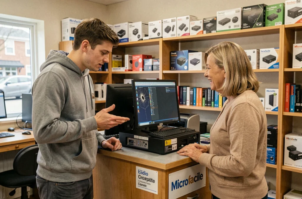 Technicien Microfacile expliquant une réparation à une cliente dans une boutique informatique conviviale