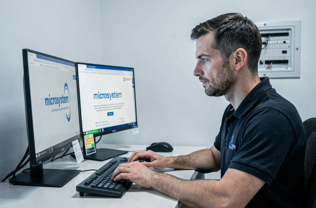 Technicien Microsystem travaillant sur un poste informatique professionnel dans un bureau minimaliste