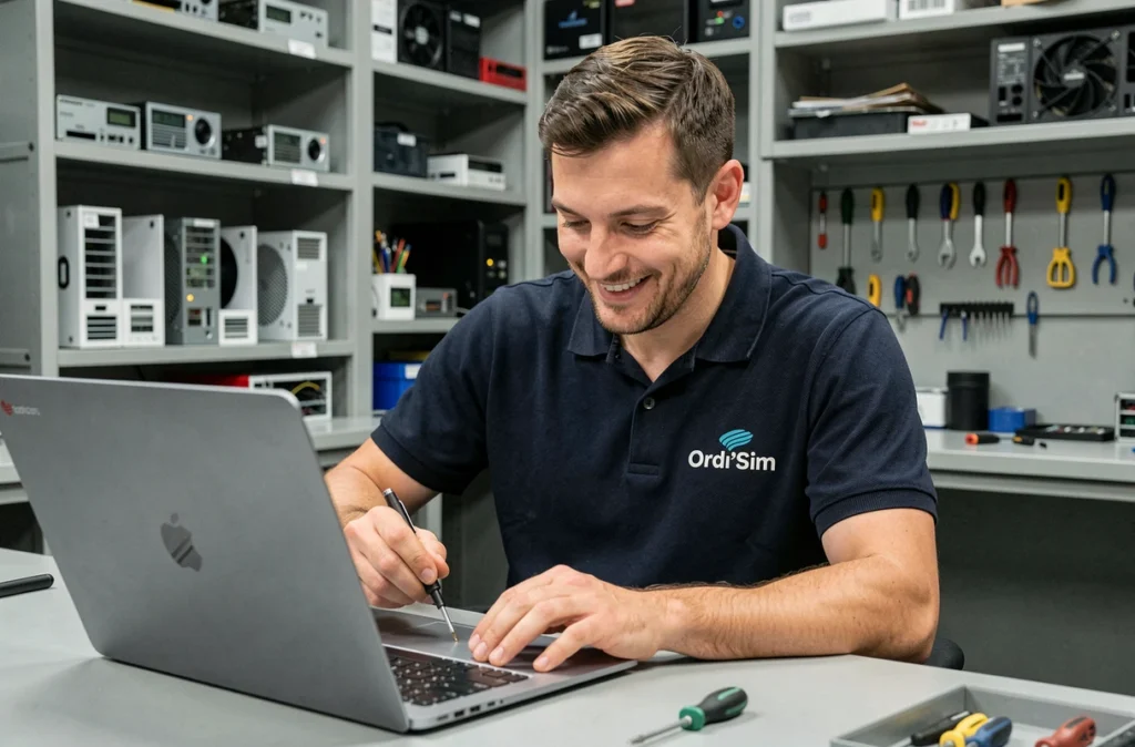 Technicien Ordi'Sim réparant un ordinateur portable dans un atelier informatique professionnel en Savoie