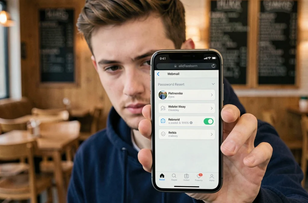 Jeune homme utilisant son smartphone pour réinitialiser son mot de passe webmail dans un café