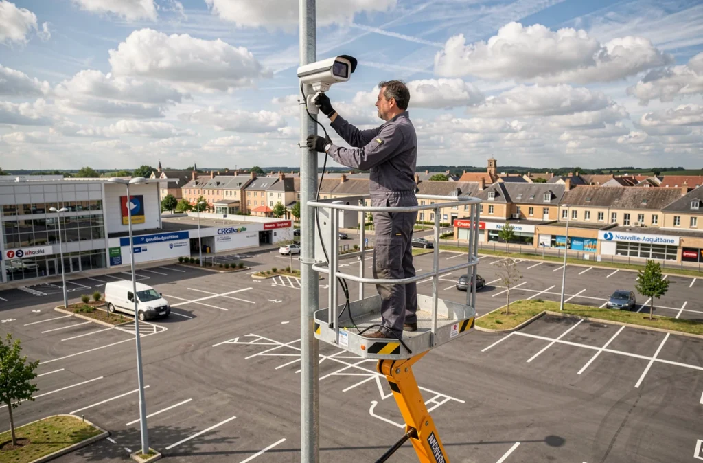 Installateur de Sefco Entreprises fixant une caméra PTZ sur un mât dans un parking commercial à Bordeaux