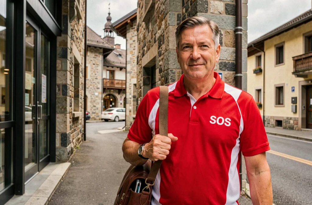Technicien SOS Informatique en intervention avec son sac de matériel devant un immeuble de bureau en Savoie