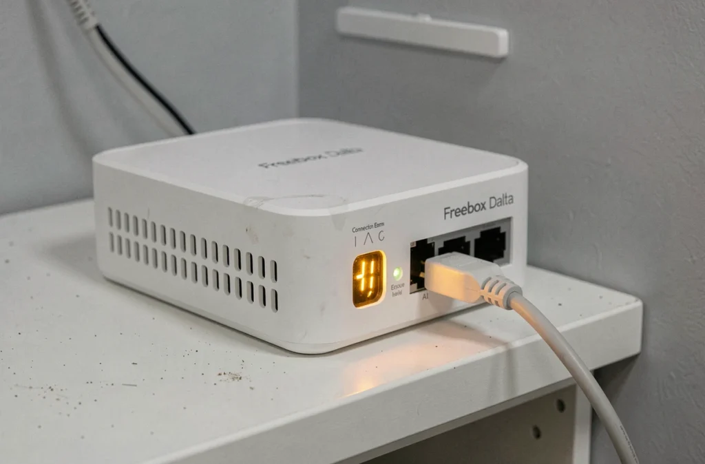 Gros plan sur une Freebox Delta avec voyant orange indiquant une erreur de connexion fibre optique FTTH bloquée à l'étape 3