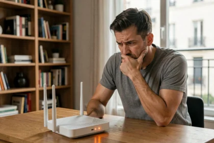 Homme frustré assis devant sa Freebox en panne, regardant le voyant orange clignotant lors d'un problème de signal FTTH étape 3